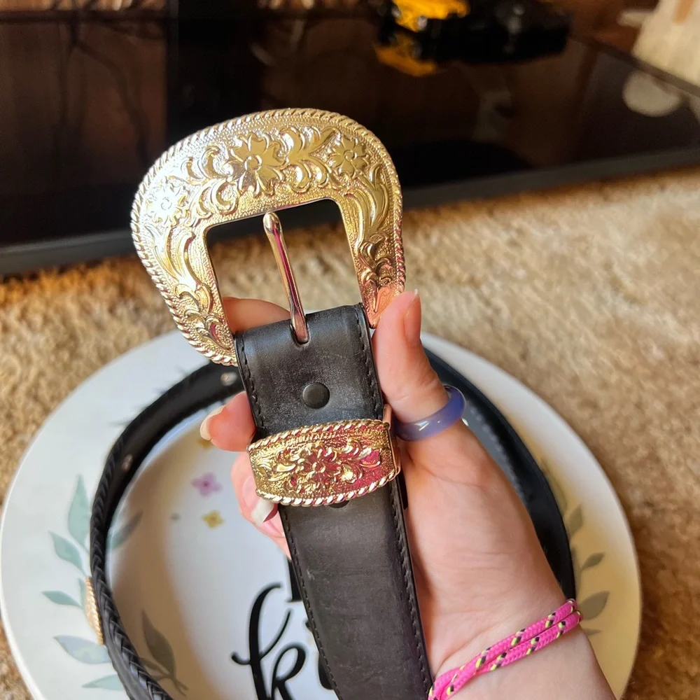 Women’s genuine black leather western belt with a gold-toned buckle and conchos. - Picture 9 of 17
